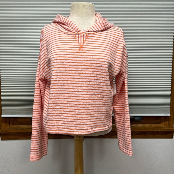 LOVE by GAP NWT Pink Orange Striped Textured Hooded Terry Long Sleeve Top - Picture 1 of 10